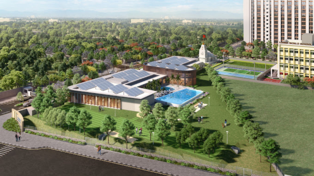 Aerial View of Swimming Pool, Clubhouse, Garden, Tennis Court, Temple, and School at Lodha Crown Taloja